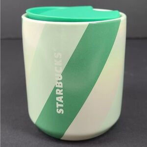 Starbucks Coffee Mug Ceramic Cup w/Lid Iridescent Mint Green Candy Cane 8 oz.